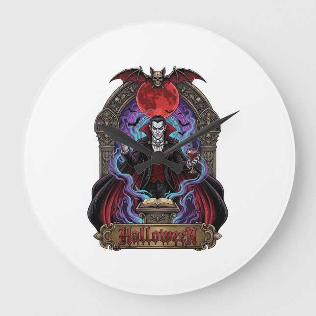 Halloween Dracula Red Moon Bats Skull_1 Large Clock (Front)