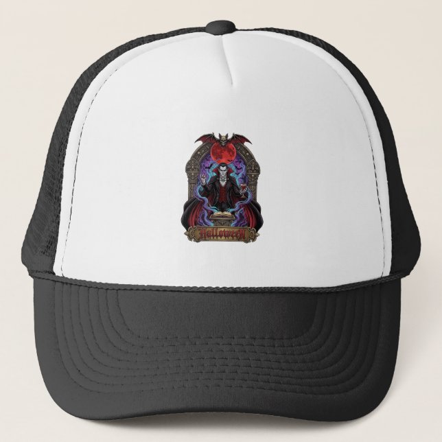 Halloween Dracula Red Moon Bats Skull_1 Trucker Hat (Front)