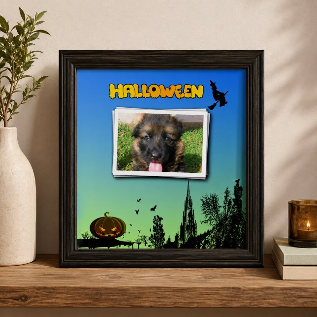 Halloween Dusk with Witch Add Photo Frame Ceramic Tile (Halloween Dusk with Witch Add Photo Frame Ceramic Tile)