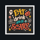 Halloween Eat Drink And Be Scary Modern Script Napkin<br><div class="desc">Halloween Eat Drink And Be Scary Modern Script Paper Party Napkins features the text "Eat Drink and be Scary" in colourful modern hand lettered script typography accented with bone,  skulls,  pumpkins,  ghosts,  spider webs and eyeballs. Perfect for your Halloween party. Designed by ©Evco Holidays www.zazzle.com/store/evcoholidays</div>