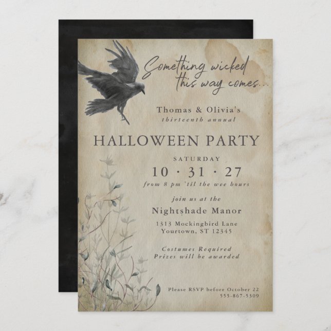 Halloween | Eerie Gothic Watercolor Raven Invitation (Front/Back)