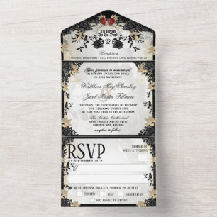 Halloween Elegant Black Rose Skeletons MENU RSVP  All In One Invitation