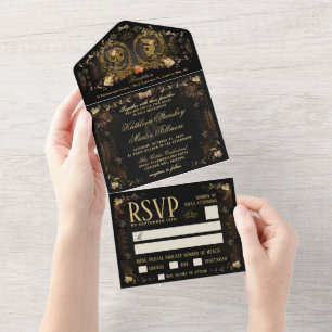 Halloween Elegant Golden Skeletons - MENU RSVP All All In One Invitation