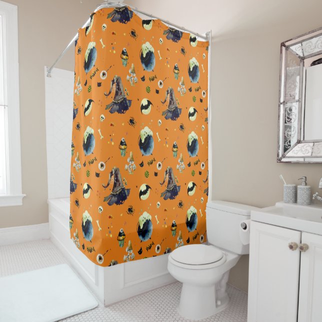 Halloween Elements  on Orange  Shower Curtain (In Situ)