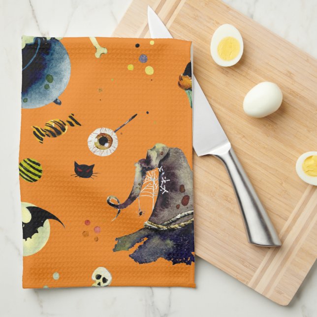Halloween Elements  on Orange  Tea Towel (Quarter Fold)