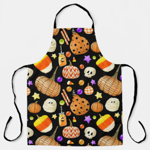 Halloween elements: pumpkins, skull, mummy pattern apron