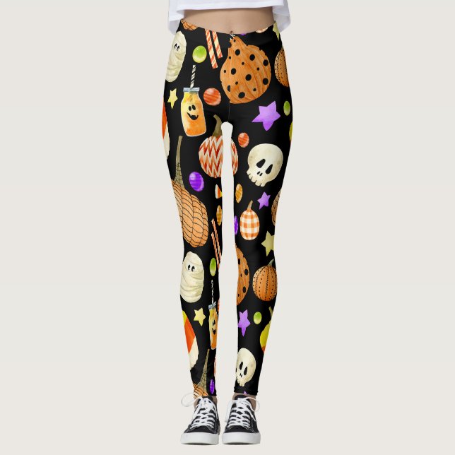 Halloween elements: pumpkins, skull, mummy pattern leggings (Front)