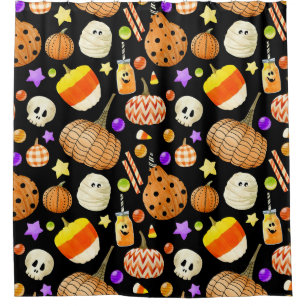 Halloween elements: pumpkins, skull, mummy pattern shower curtain