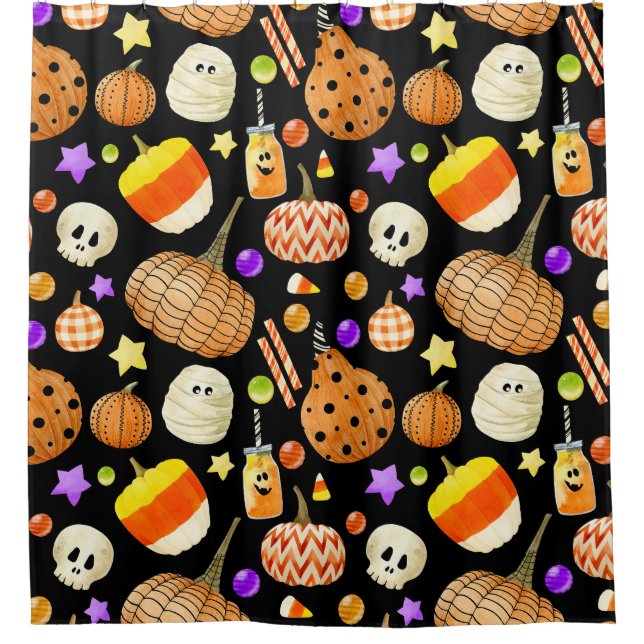 Halloween elements: pumpkins, skull, mummy pattern shower curtain (Front)