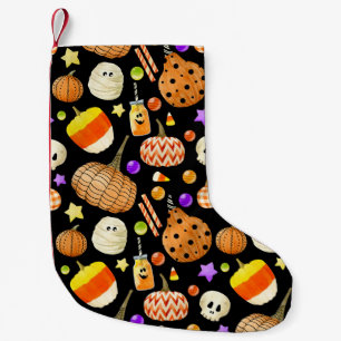 Halloween elements: pumpkins, skull, mummy pattern small christmas stocking