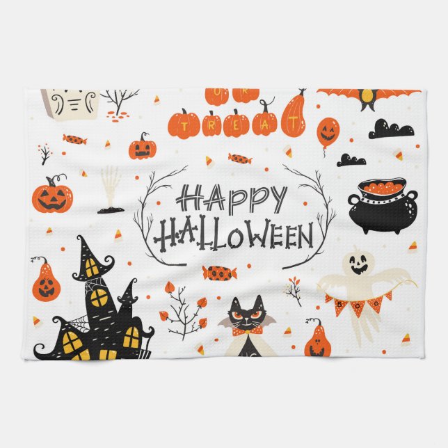 Halloween Elements Vintage Set Design Tea Towel (Horizontal)