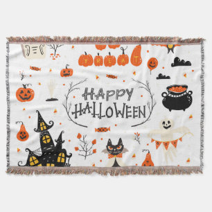 Halloween Elements Vintage Set Design Throw Blanket