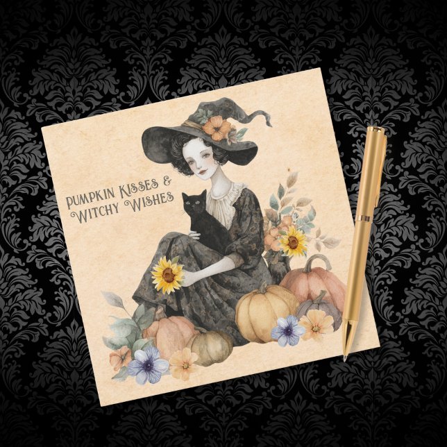 Halloween Enchanting Witch Cat Pumpkins & Flowers  Holiday Card (Creator Uploaded)