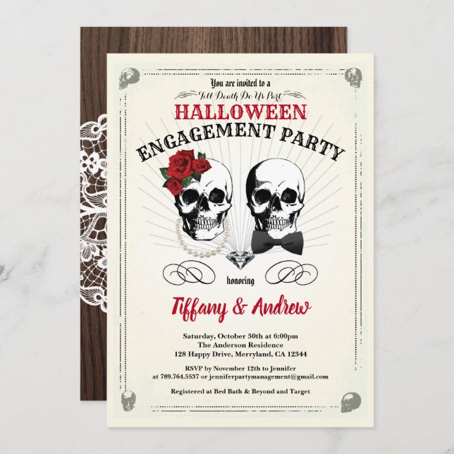 Halloween engagement party invitation. Black red Invitation (Front/Back)