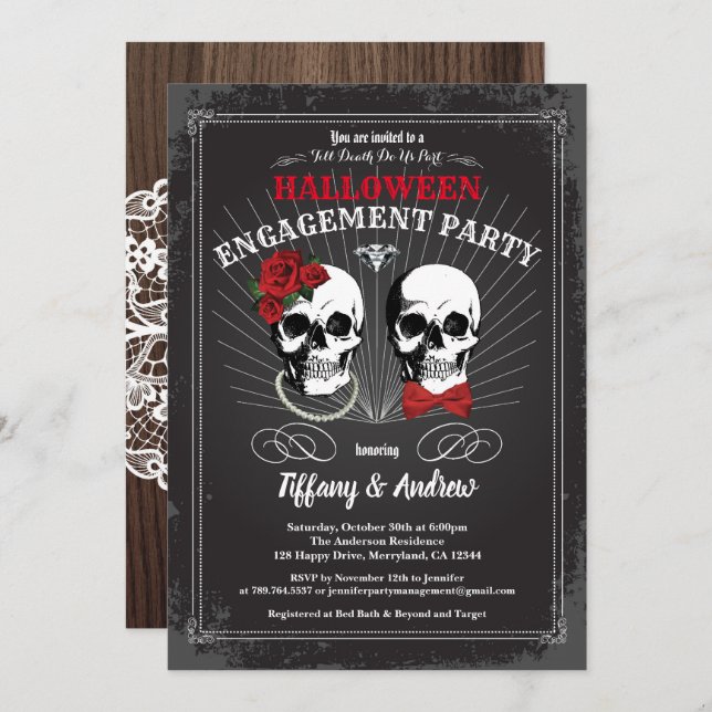 Halloween engagement party invitation. Black red Invitation (Front/Back)