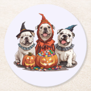 Halloween English Bulldogs Pumpkin Round Paper Coaster