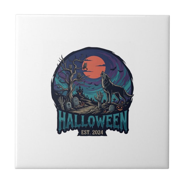 Halloween Est Howling Wolf Red Moon Zombie Hand_1 Ceramic Tile (Front)