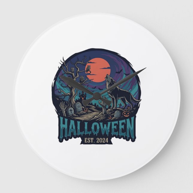 Halloween Est Howling Wolf Red Moon Zombie Hand_1 Large Clock (Front)