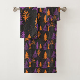 Halloween Evergreen Trees Pattern Black Orange Bath Towel Set