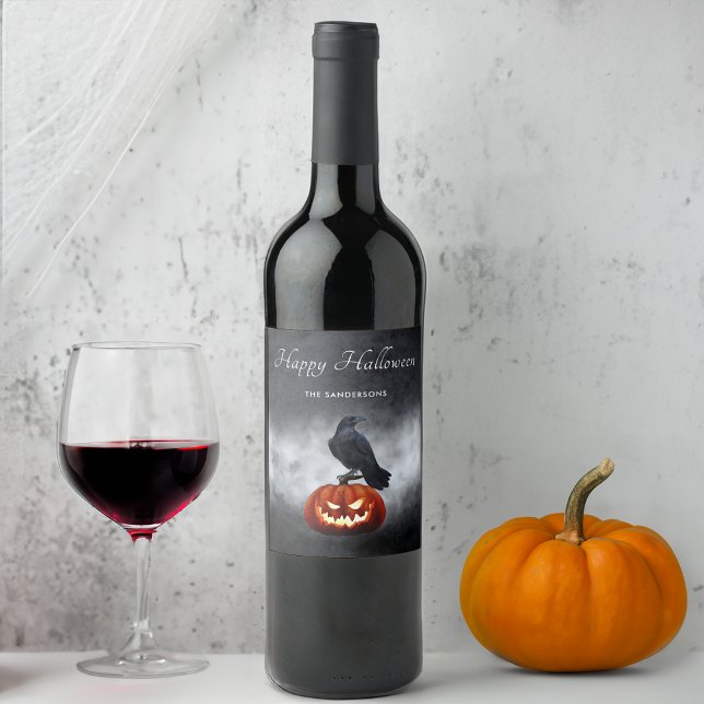  Halloween Evil Pumpkin and Raven Personalised  Wine Label (Creator Uploaded)