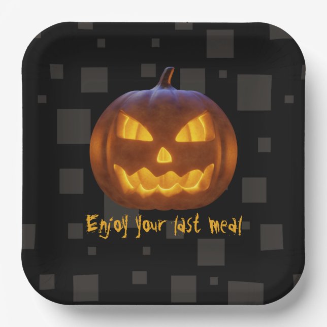 Halloween Evil Pumpkin Last Meal Orange Black Grey Paper Plate (Front)