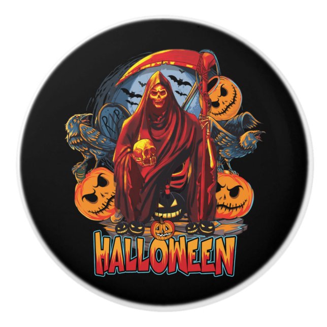 Halloween Evil skeleton, Pumpkin Ceramic Knob (Front)
