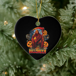 Halloween Evil skeleton, Pumpkin Ceramic Ornament