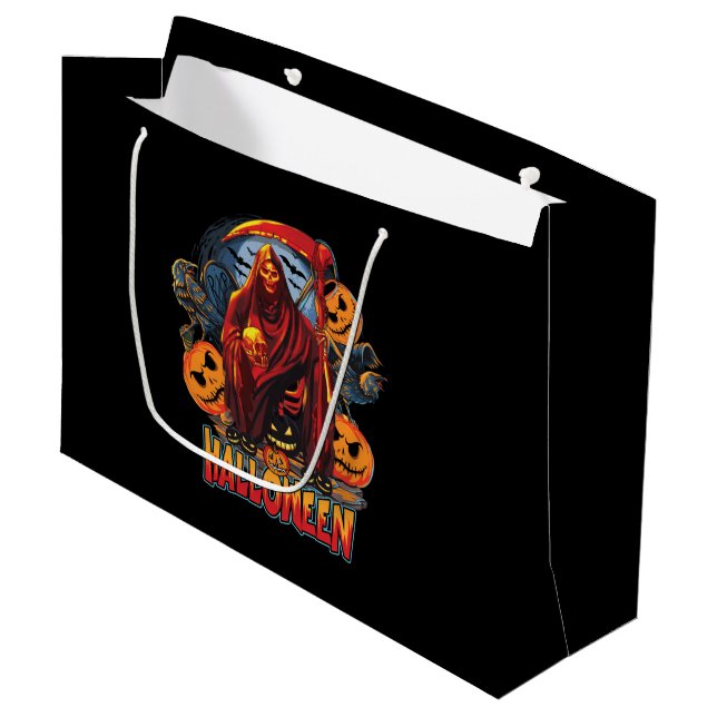 Halloween Evil skeleton, Pumpkin Large Gift Bag (Front Angled)