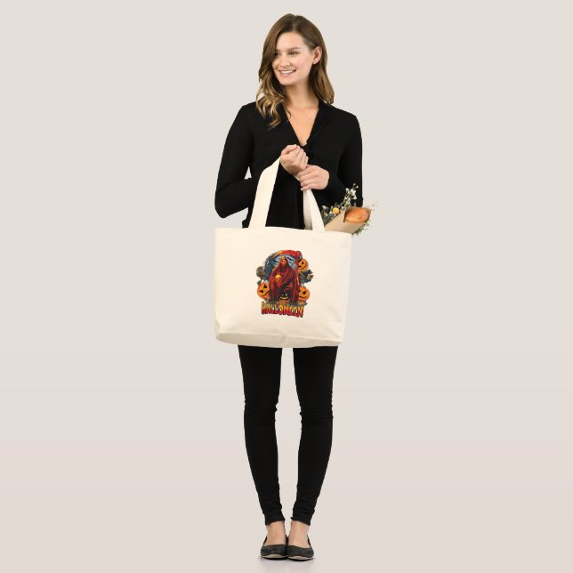 Halloween Evil skeleton, Pumpkin Large Tote Bag (Front (Model))