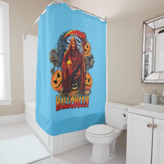 Halloween Evil skeleton, Pumpkin Shower Curtain (In Situ)