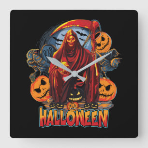 Halloween Evil skeleton, Pumpkin Square Wall Clock