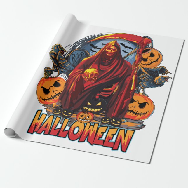 Halloween Evil skeleton, Pumpkin Wrapping Paper (Unrolled)