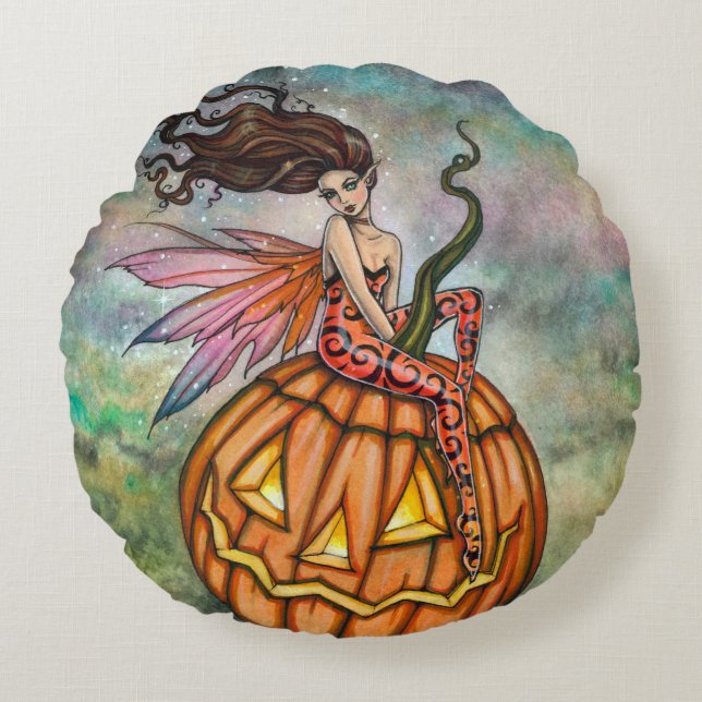 Halloween Fairy and Jack-o-Lantern Art Round Cushion (Front)