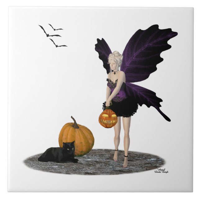 Halloween Fairy With Pumpkins Ceramic Tile (Front)