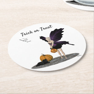 Halloween Fairy With Pumpkins Paper Coaster