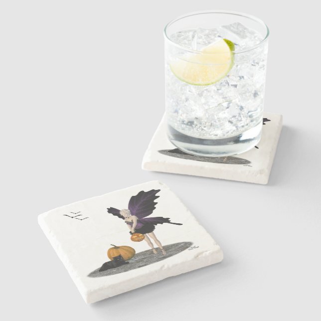 Halloween Fairy With Pumpkins Stone Coaster (Side)