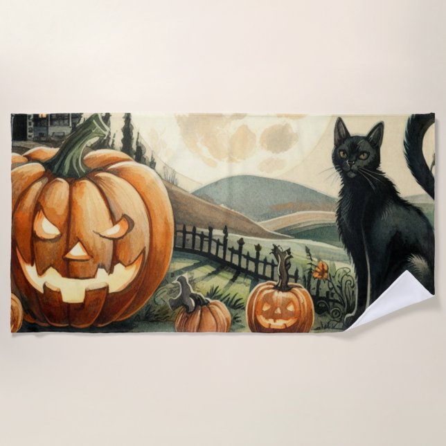 Halloween/Fall/Autumn/pumpkin/cat Beach Towel (Front)