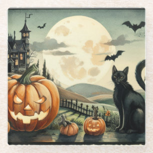 Halloween/Fall/Autumn/pumpkin/cat Glass Coaster