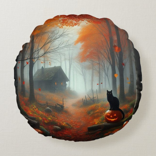 Halloween/Fall/Autumn/pumpkin/cat  Round Cushion (Front)