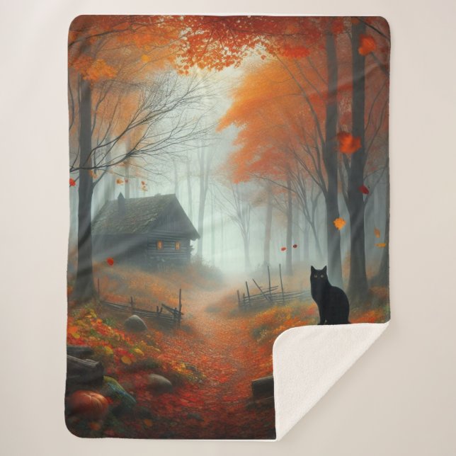 Halloween/Fall/Autumn/pumpkin/cat  Sherpa Blanket (Front)