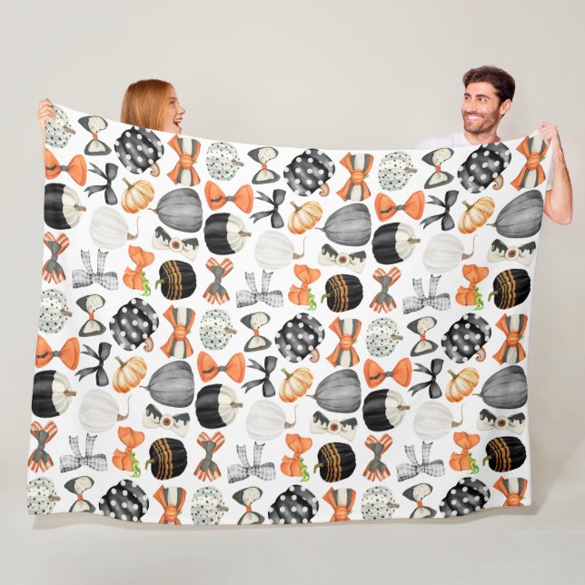 Halloween fall bow watercolor pattern pumpkin Pick Fleece Blanket (In Situ)