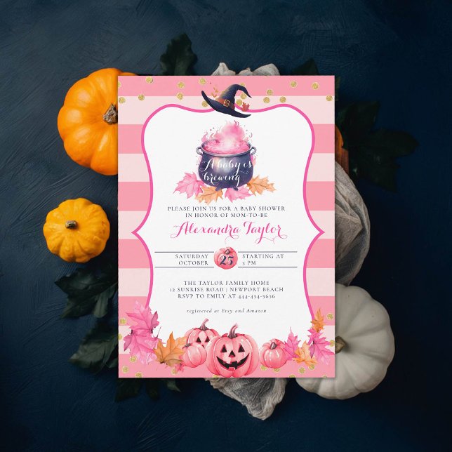 Halloween Fall Pumpkin Witch Pink Baby Girl Shower Invitation (halloween baby shower witch cauldron pumpkin invitation october novermber fall pink purple)