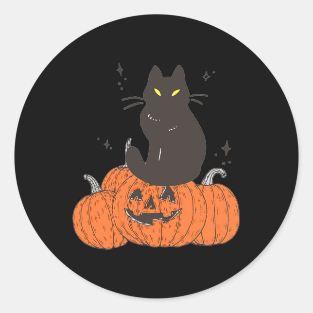 Halloween Fall Spooky Cat With Pumpkin  Classic Round Sticker (Front)