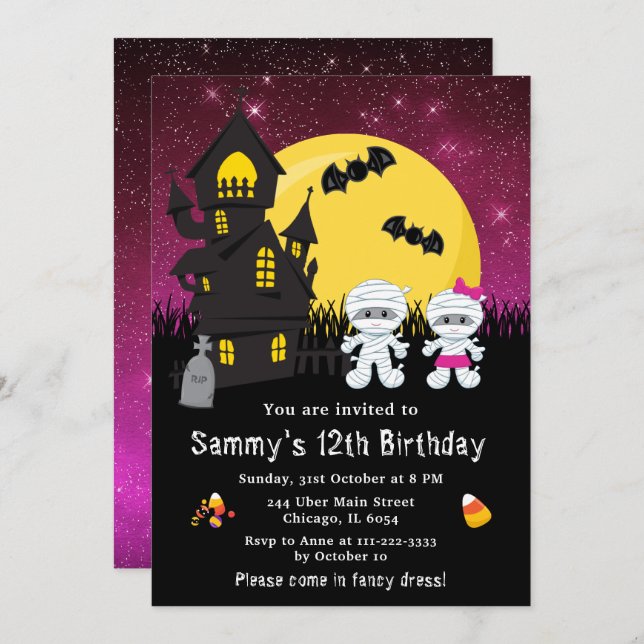 Halloween Fancy Dress Birthday Mummy Pink Invitation (Front/Back)