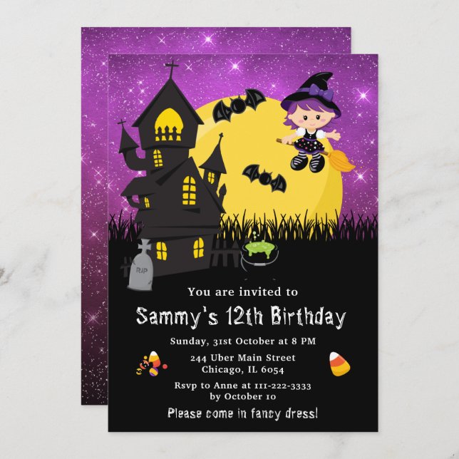 Halloween Fancy Dress Birthday Witch Purple Invitation (Front/Back)