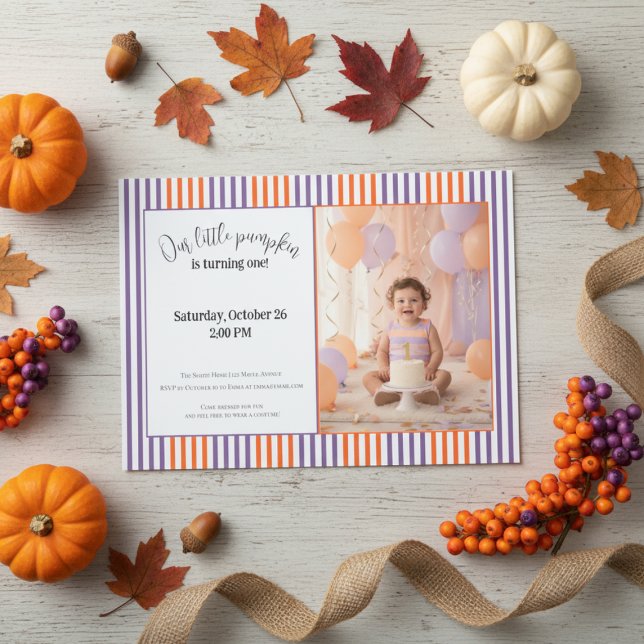 Halloween First Birthday Invitation | Cute Pumpkin (Our Little Pumpkin first birthday invitation mockup with mini pumpkin, pastel balloons, and gold rib)