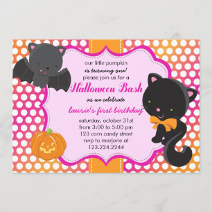 Halloween First Birthday Little Bat, Cat & Pumpkin Invitation