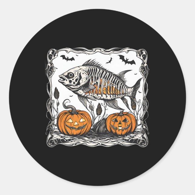 Halloween Fish Skeleton Funny Spooky Fish Bone Gra Classic Round Sticker (Front)