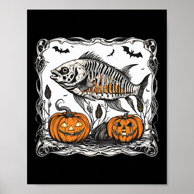 Halloween Fish Skeleton Funny Spooky Fish Bone Gra Poster (Front)