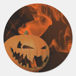 Halloween Flaming Pumpkin on Orange Classic Round Sticker